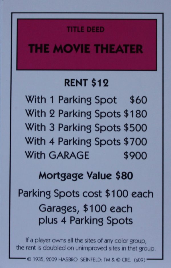 PARTS ONLY - Monopoly Seinfeld Board Game - The Movie Theater Title Deed Card Only