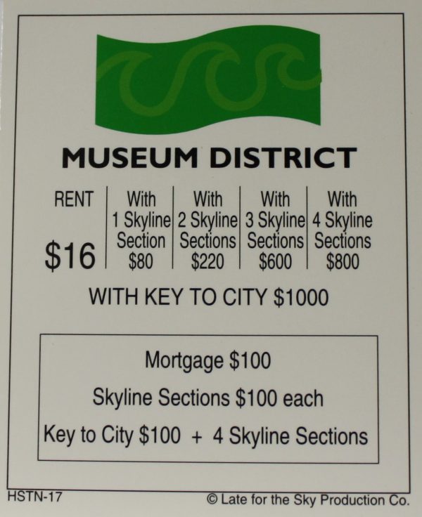 PARTS ONLY -Houston In-A-Box Board Game - "Museum District" Title Deed Card Only