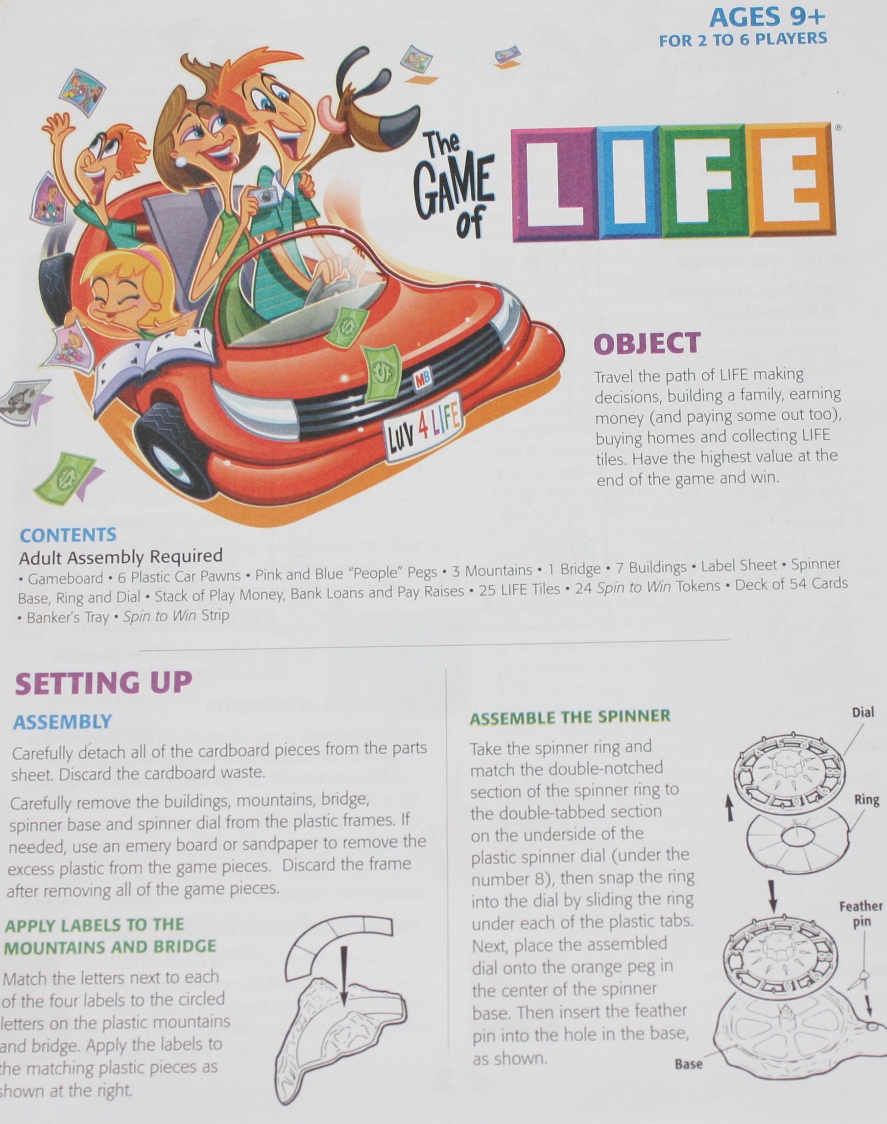 The Game of Life Replacement Parts 1991 - Instructions