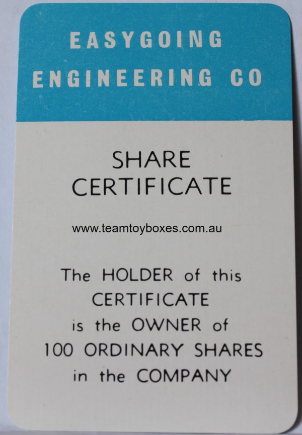 PARTS ONLY - Flutter Stock Exchange Board Game - (1) Easygoing Engineering Co Share Certificate Only